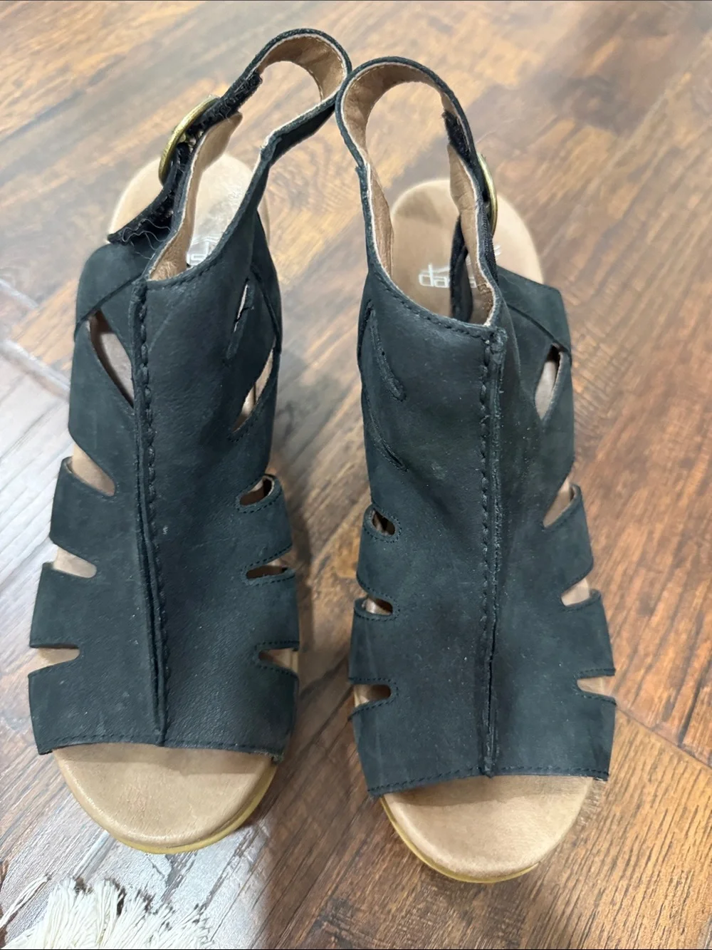 Dansko Black Cutout Leather Slingback Heels with Wood-Tone Heel - Picture 5 of 5